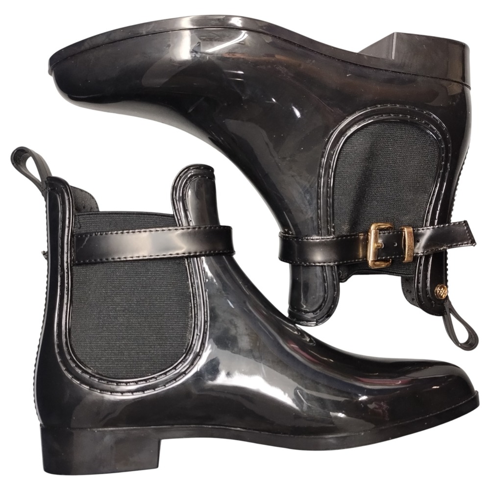 Henry Ferrera Rain Boots Womens US‎ 7 Black Patent Leather Buckle Strap Pull On